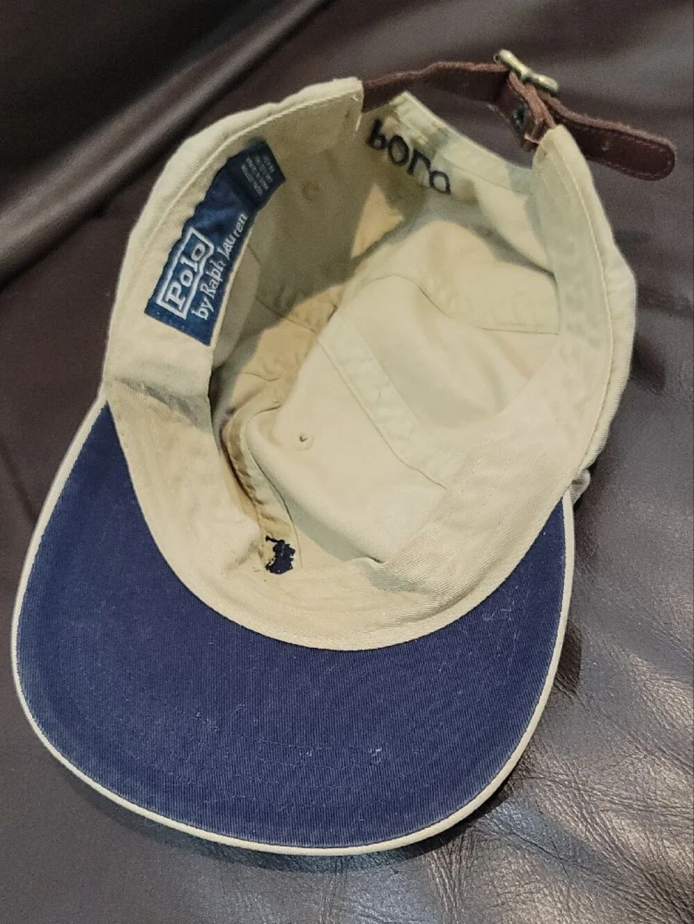 Polo Ralph Lauren Classic Baseball Cap - Khaki with Navy Logo Leather Strap